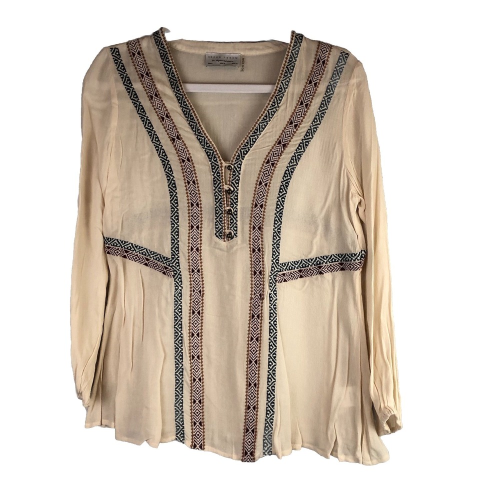 Dress Forum Womens Medium Top Long Sleeve Blouse Beige‎ Sheer Vneck Shirt Aztec